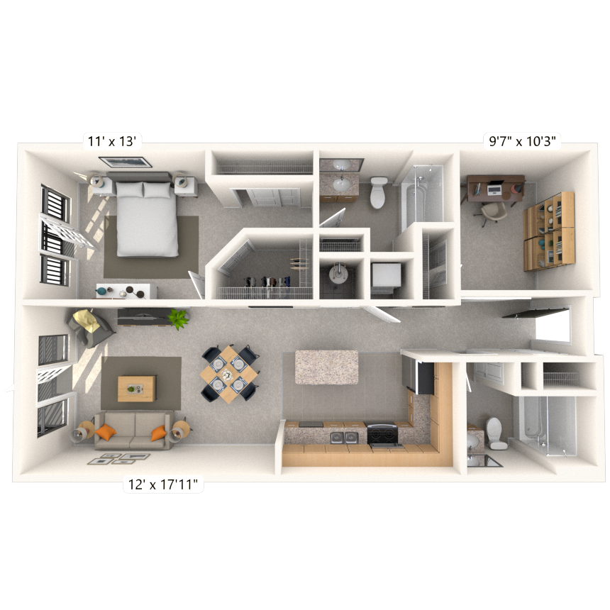 Floor plan for 1 bed, 2 baths, 984 sqft